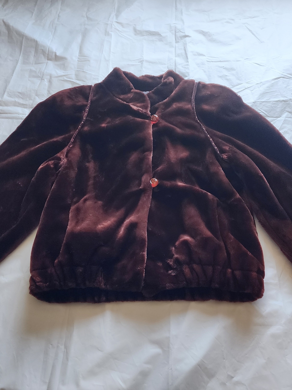 VTG 1980s JORDACHE Faux Fur Coat Brown Burgundy Heart-Shaped Button's Size Large